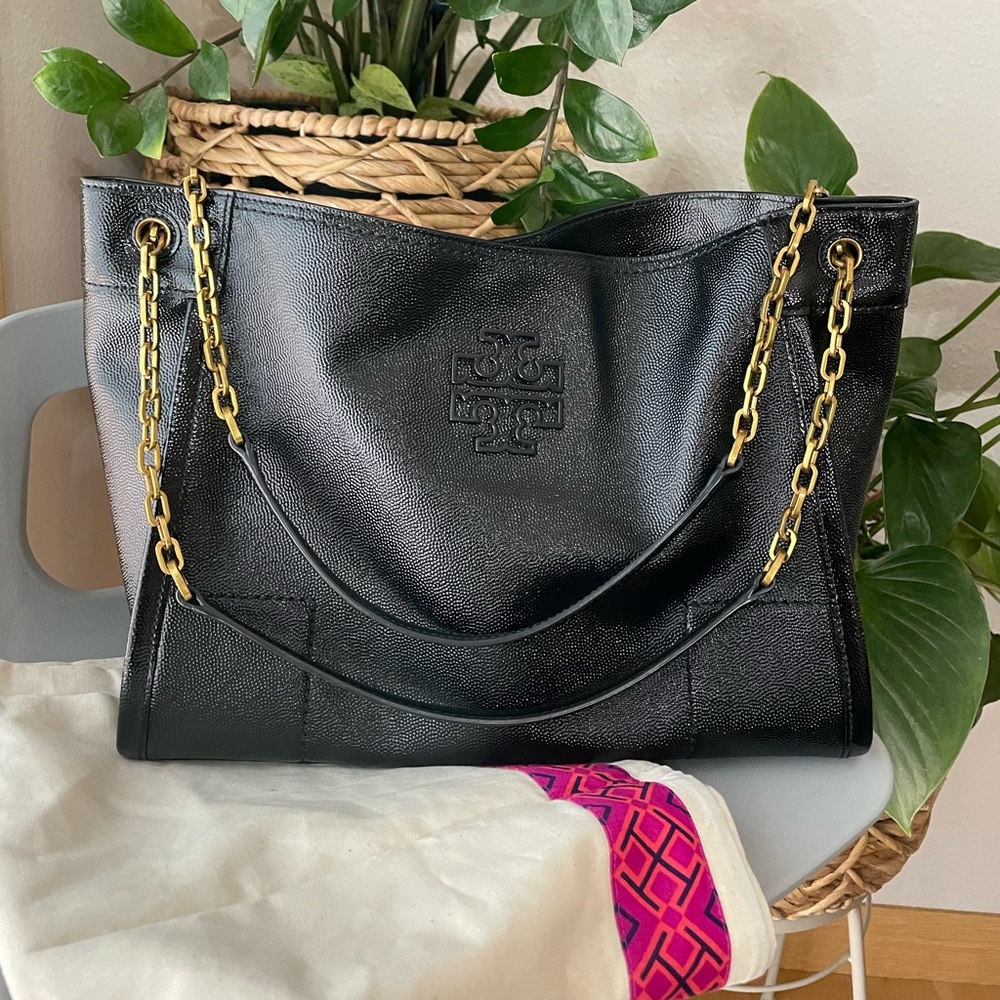 Tory Burch Britten black patent leather Triple compartment tote.